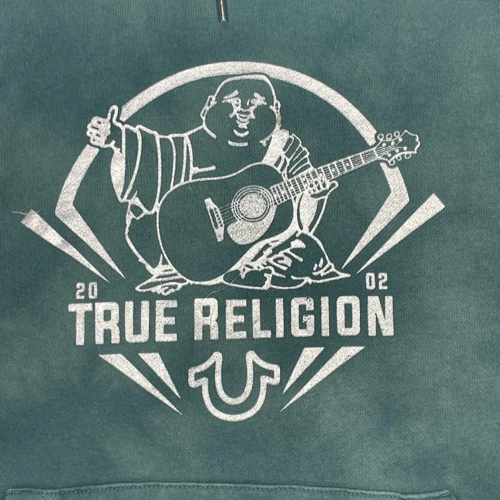 True Religion Green Acid Wash Glitter Buddha Hoodie Mens Size Large
